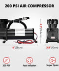 Heavy Duty 200 Psi Onboard Air Compressor For Cars And Trucks, 12 Volt Hella Quick Fill Blower, 11 inch size with two connectors.
