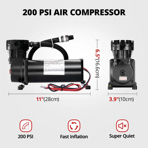 Heavy Duty 200 Psi Onboard Air Compressor For Cars And Trucks, 12 Volt Hella Quick Fill Blower, 11 inch size with two connectors.
