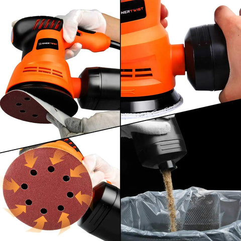 5 Inch Variable Speed Orbital Sander Kit With 6 Speed Settings From 5000 To 12000 OPM 2.4A Electric Random Orbit Sander shown in use