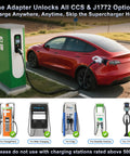 Zero Hassle Plug And Go 2 In 1 Ccs And J1772 To Tesla Adapter in use at a charging station with red Tesla Model 3.