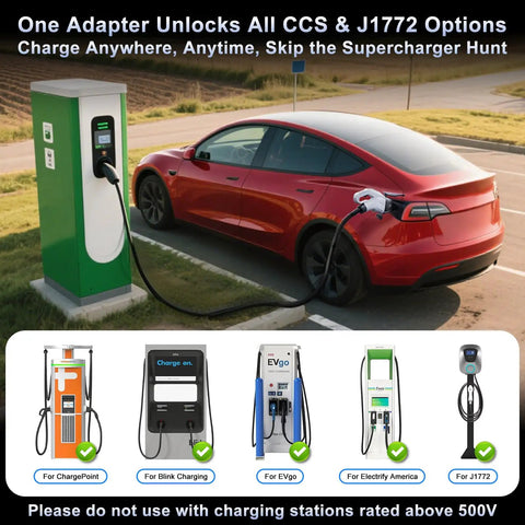 Zero Hassle Plug And Go 2 In 1 Ccs And J1772 To Tesla Adapter in use at a charging station with red Tesla Model 3.