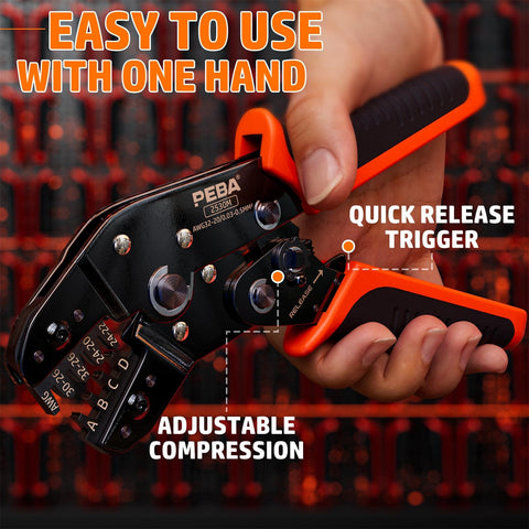 Hand holding Crimping Tool And Dupont Connector Kit With 21 Styles, easy release trigger, adjustable compression visible