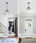 Black Farmhouse Pendant Light Fixtures Two Pack Over Table With Crystal Lampshades for kitchen and dining, rustic setting view