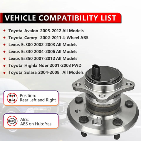 Rear Wheel Hub Bearing Assembly Pair For Toyota Avalon 2005-2012, Camry 2002-2011, ES300 2002-2003, OE quality, ABS-ready hub