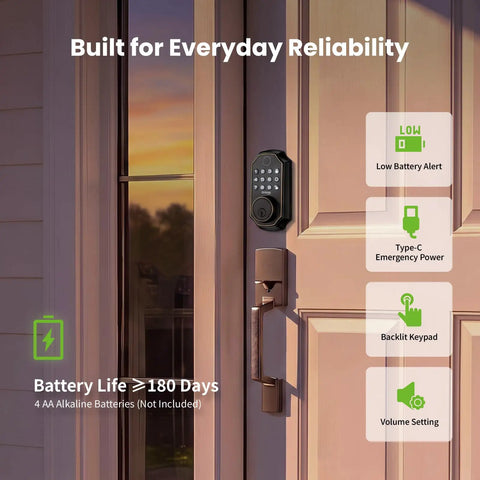 Super Smart Fingerprint Door Lock For Front Entry Delivering Keyless Deadbolt With Keypad Smartphone Control Auto Lock And No Sweat Install To Keep Your Spot Secure For Everyday Crews on a front door at sunset.