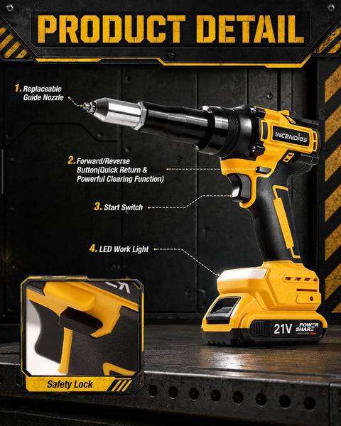 Heavy Duty Brushless Electric Rivet Gun Cranking Out 2698 Pounds Of Raw Power Cordless Rivet Tool with safety lock and LED light.