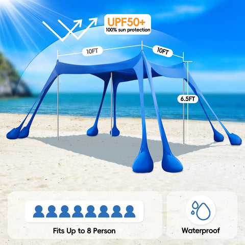 Beach Tent Sun Shelter 10x10ft Portable Shade Canopy UPF50 Sun Protection with sandbags and poles on a sunny beach