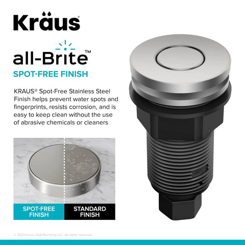 Garbage Disposal Air Switch Kit In Spot Free Stainless Steel with push button shown above with spot-free finish label.