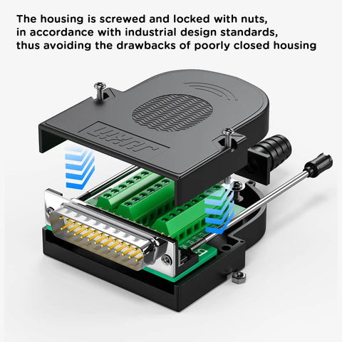 Open view of No Soldering Needed DB25 Male And Female Serial Adapters Kit For DIY RS232 D Sub 25 Pin Cabling with terminal connectors.