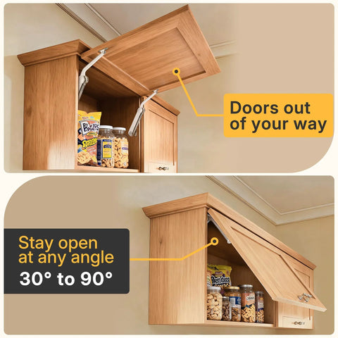 HBL' 2-Pack lid support hinges for wooden upper cabinet doors; 88 lb max, 30°–90° stay, Amazon.