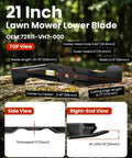 Lawn Mower Blades For Honda HRR216 HRX217 Walk-Behind Mowers Twin High Lift Mulching Blade Set 21 Inch Replaces OEM 72531-VH7-000 And 72511-VH7-000 Set Of 2 shown from top, side, and right-end views with measurements and specifications.