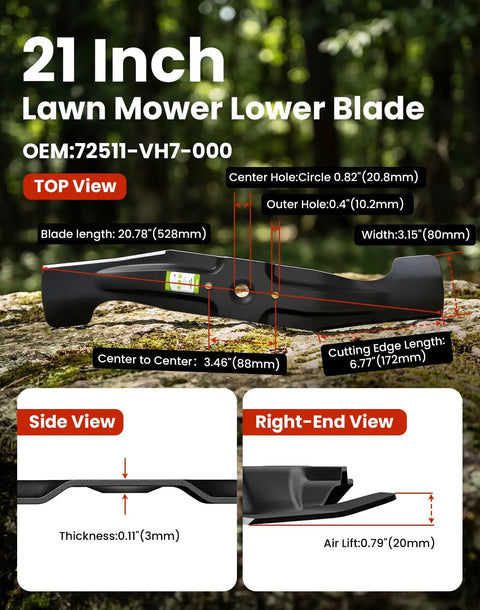 Lawn Mower Blades For Honda HRR216 HRX217 Walk-Behind Mowers Twin High Lift Mulching Blade Set 21 Inch Replaces OEM 72531-VH7-000 And 72511-VH7-000 Set Of 2 shown from top, side, and right-end views with measurements and specifications.