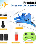 Remote Control Airplane Toy For Outdoors 2CH 2.4Ghz RC Plane With Lights, showing size and accessories with controller and batteries.
