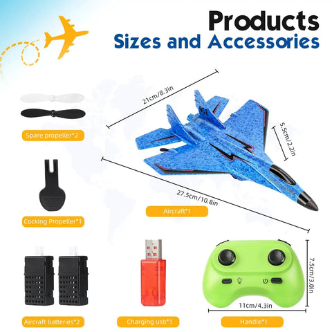 Remote Control Airplane Toy For Outdoors 2CH 2.4Ghz RC Plane With Lights, showing size and accessories with controller and batteries.