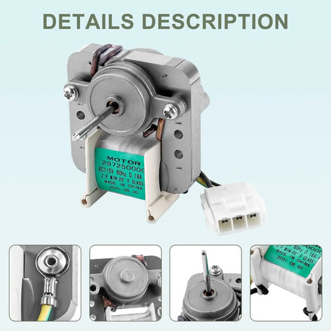 Refrigerator Evaporator Fan Motor Plug And Play Drop In Replacement With Wire Harness For 297309000 shown with details