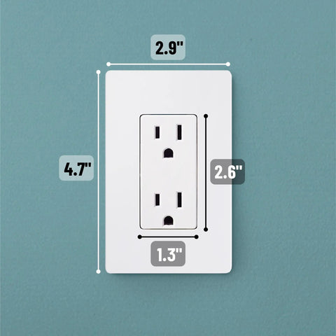 Screwless Decorator Wall Plates 6 Pack, 1 Gang, White Switch Plate Covers on teal wall showing exact dimensions