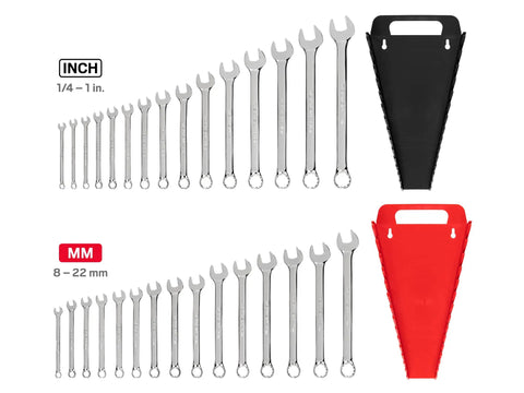 30 Piece Combination Wrench Set With Inch And Metric Wrenches, Angled Open End For Easy Fit, Durable Holder Included, From One Quarter Inch To One Inch And From Eight To Twenty Two Millimeters, Ideal For Home Garages And Pros