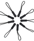 Black Nylon Zipper Pulls 10 Pack With Non Slip Gripper Two And A Half Inch Universal Zipper Tabs Replacement Fixers arranged in a circle.