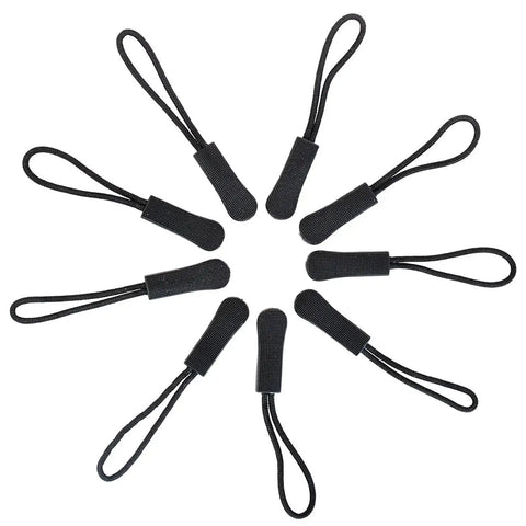 Black Nylon Zipper Pulls 10 Pack With Non Slip Gripper Two And A Half Inch Universal Zipper Tabs Replacement Fixers arranged in a circle.