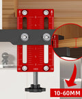 Heavy Duty Cabinet Door Mounting Jig showing precision measurements, aluminum design for installing hinges 10-60mm thick.
