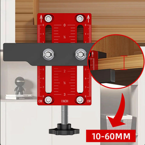 Heavy Duty Cabinet Door Mounting Jig showing precision measurements, aluminum design for installing hinges 10-60mm thick.