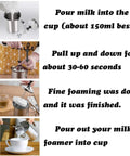 Stainless Steel Manual Milk Frother Handheld Foam Maker For Coffee Cappuccino Latte Hot Chocolate 14 Ounce 400ml No Battery Needed showing usage steps.