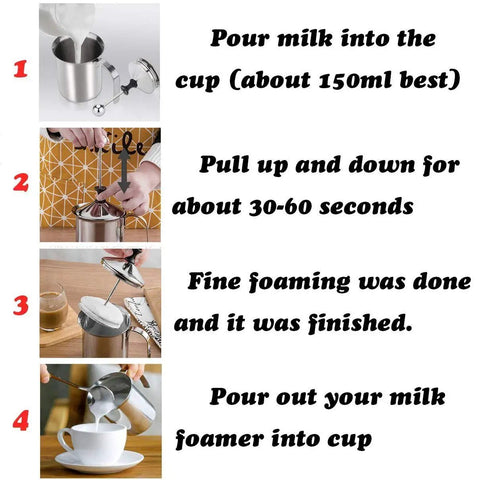 Stainless Steel Manual Milk Frother Handheld Foam Maker For Coffee Cappuccino Latte Hot Chocolate 14 Ounce 400ml No Battery Needed showing usage steps.