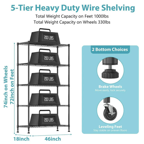 Heavy Duty Five Tier Wire Shelving Cart With Smooth Rollers And Adjustable Metal Storage Racks That Make Organizing A Breeze In Tight Garages Kitchens Or Laundry Rooms 46 By 18 By 74 Inches Black