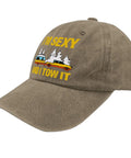 Funny Vintage Camping Hat For Men I Tow It Cap with adjustable strap, khaki color, featuring camper graphic and text.
