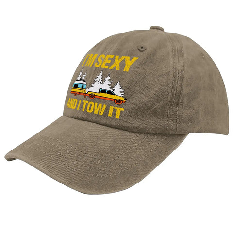 Funny Vintage Camping Hat For Men I Tow It Cap with adjustable strap, khaki color, featuring camper graphic and text.
