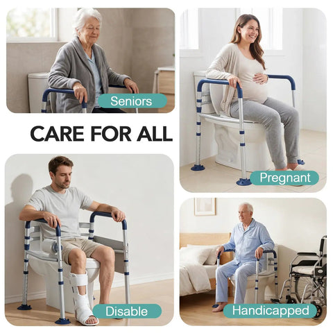 Adjustable Toilet Safety Rails For Seniors Rock Solid Bathroom Grab Bars No Sweat Install Non Slip Handle 350 Lb Rating Built Tough Everyday Premium Aid shown in use by seniors, pregnant, disabled, and handicapped individuals.