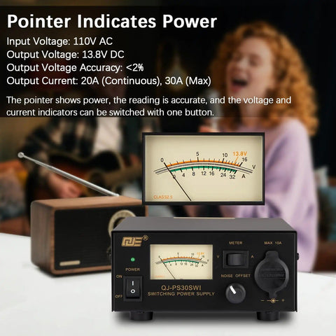 High Current 13.8V DC Bench Power Supply for Ham Radios with analog display and controls, featuring noise offset knob and socket.