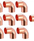 Nine Pro Grade Lead Free Copper 90 Degree Elbow Fitting C To C With Sweat Connection for plumbing use displayed horizontally.