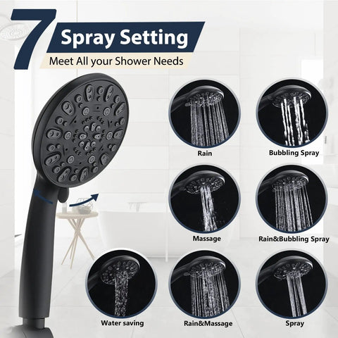 Rainfall 8 Inch Shower Head With High Pressure Handheld Spray displaying 7 spray settings chart with matte black finish