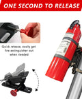 Aluminum Adjustable Fire Extinguisher Mount For UTV Roll Bars Universal Fit For Jeep Wrangler TJ JK JL JKU Polaris RZR Ranger Can Am X3 Rust Resistant Heavy Duty Holder Built To Last For Rugged Outdoor Adventures shown in quick-release mode with red knob and red extinguisher.