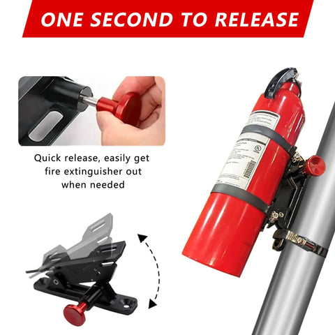 Aluminum Adjustable Fire Extinguisher Mount For UTV Roll Bars Universal Fit For Jeep Wrangler TJ JK JL JKU Polaris RZR Ranger Can Am X3 Rust Resistant Heavy Duty Holder Built To Last For Rugged Outdoor Adventures shown in quick-release mode with red knob and red extinguisher.