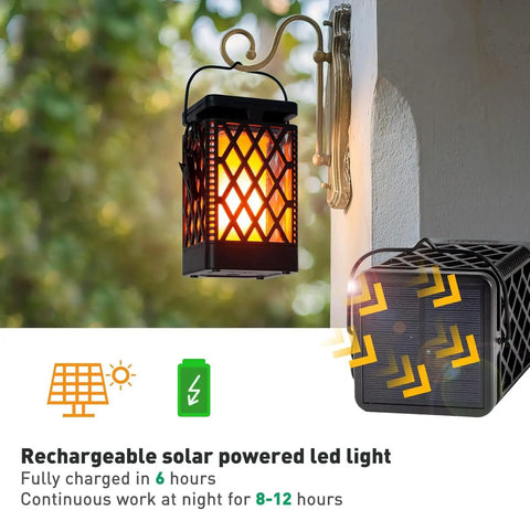 Hanging Solar Lanterns With 9 Modes Color Changing And Fixed Flickering Flame Waterproof Outdoor Lights mounted on wall