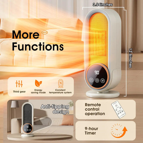 Front view of Portable Indoor Space Heater With 1200W PTC Ceramic Rapid Heating, Adjustable Thermostat, Remote in a living room.