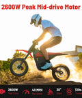 Rider jumping on Gnarly 2600W Mid-Drive Electric Dirt Bike For Teens And Adults Up To 40 MPH With 23.4Ah 48V Battery
