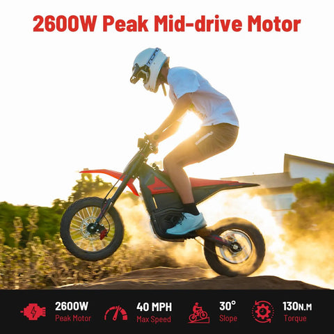 Rider jumping on Gnarly 2600W Mid-Drive Electric Dirt Bike For Teens And Adults Up To 40 MPH With 23.4Ah 48V Battery