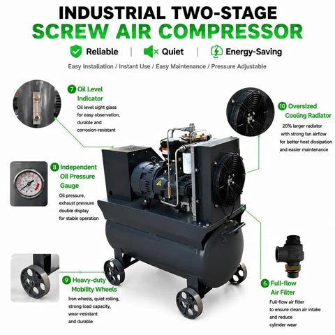 Heavy Duty 10Hp Portable Rotary Screw Air Compressor With 7.5Kw Motor And 30 Gal Tank Offers Steady Air Supply For Industrial Use Perfect For Pneumatic Wrenches And Heavy Tools Reliable Performance
