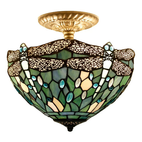 Sea Blue Stained Glass Dragonfly Tiffany Style Lampshade Replacement with cap, 12 inch diameter, fits table lamp, pendant light, or ceiling fixture.