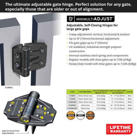 Multi-Adjustable Regular-Duty Gate Hinges For Self-Closing Gates Up To 55 Pounds In Metal, Wood And Vinyl, black, shown with specs