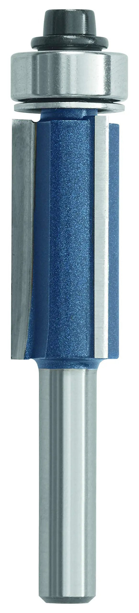 Half Inch Carbide Tipped 3 Flute Flush Trim Router Bit Pro Grade With Shielded Pilot Bearing blue body vertical view