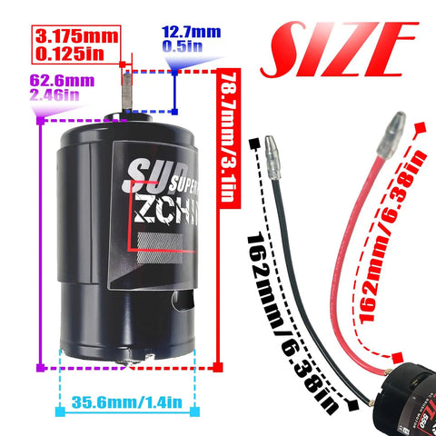 Brushed RC Motor Upgrade for Traxxas 550 Size Runners Fits Titan Stampede Rustler Slash 2WD with dimensions shown