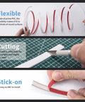 Three images depicting flexible PVC vinyl molding being bent, cut, and adhered using red acrylic tape.