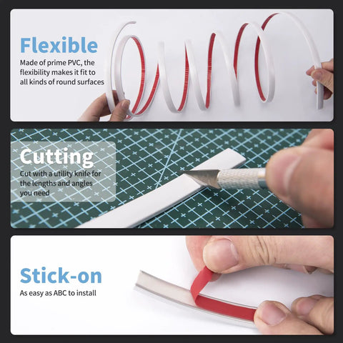 Three images depicting flexible PVC vinyl molding being bent, cut, and adhered using red acrylic tape.
