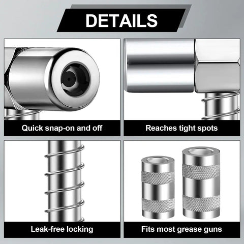 90 Degree Grease Gun Adapter For Tight Spaces, 3 Jaw Coupler To Reach Hard To Access Fittings, No Sweat Quick Connect, durable zinc tip