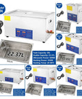 Heavy Duty Heated Ultrasonic Cleaner With Digital Timer And Thick Commercial Grade Stainless Steel Wash Tank showing 30L model details.