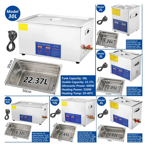 Heavy Duty Heated Ultrasonic Cleaner With Digital Timer And Thick Commercial Grade Stainless Steel Wash Tank showing 30L model details.